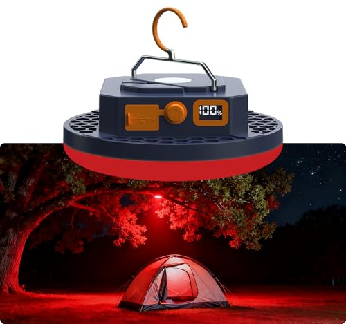 Lampe Camping Rechargeable, Batterie 10000 mAh, Lanterne Camping 3000 lm, Lumière de Camping Extérieure Portable 6500 K, Lampe de Pêche, Eclairage de Secours pour Ouragan (Feu rouge)