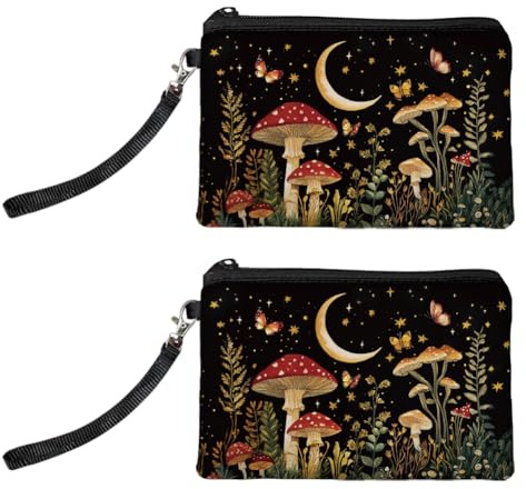Peacoblue Coin Purse for Women Mushroom and Starry Sky 2 Packs Small Change Purse with Zipper,Flowers Pattern, Durable and Soft Canvas Wallet Pouch for Travel, Gift
