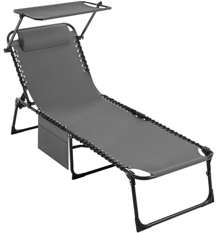 eSituro Sonnenliege, Liegestuhl klappbar, mit Sonnenschutz, Kopfstütze, verstellbarer Rückenlehne, Relaxliege für Strand Camping Garten, Grey