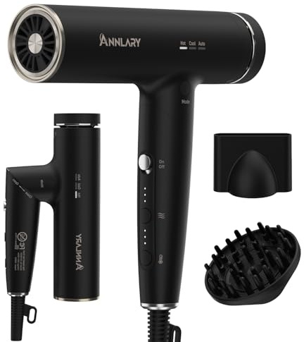 ANNLARY Plasma Ion Hair Dryer with Diffuser for Curly Hair, 110000 RPM Professional High Speed Blow Dryer with Plasma Ion, 1500W Foldable Travel Hairdryer with 6.5 Ft Cord Fast Drying for Women Men
