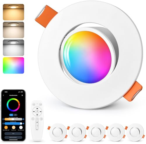 GeyouLux Faretti da Incasso LED RGB, Faretti Intelligenti 230V 2700K-6500K Dimmerabili con APP e Telecomando, 68-80mm 5W IP44 Ultrapiatti, Orientabili a 45° Plafoniere Bianchi per Soggiorno, 6 Pezzi