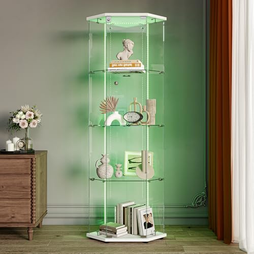 Vitrine d'angle en Verre, Vitrine sur Pied en Verre LED, 4 Étagères 1 Porte avec Porte,Meuble Vitrine Verre avec Porte et Serrure Armoire Vitrines à cinq coins 162x60x35cm(1 porte 4 couche,Blanc-5)