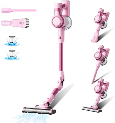 Stanew Aspirapolvere Senza Fili Potente 320W/40 Min/33000Pa, Rosa Scopa Elettrica Senza Fili, Pieghevole a 180°, Filtrazione HEPA, LED, per Peli di Animali, Tappeti, Auto, Pavimenti Dure, Divani