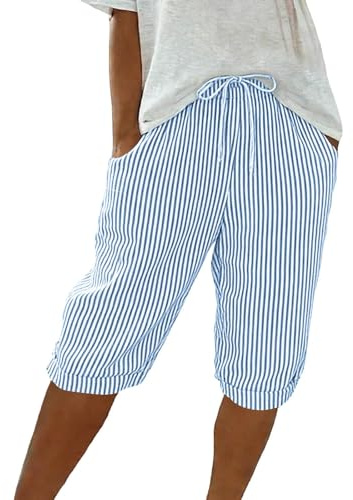 Wyongtao Shorts Lin Coton Femme Été Elégante, Short Bermuda Femme Imprimé Rayé, Short Lin D'Été Élasticité Respirants, Bermudas Femmes Coupe Décontractée, Jogging Pantalon Court Casual avec Poche