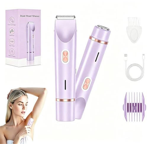 2 en 1 recortadora de bikini para mujer, afeitadora eléctrica de doble cabeza, cortapelos corporal para mujer, impermeable, recargable, para cara, axilas, bikini, uso en seco y en mojado. (Morado)