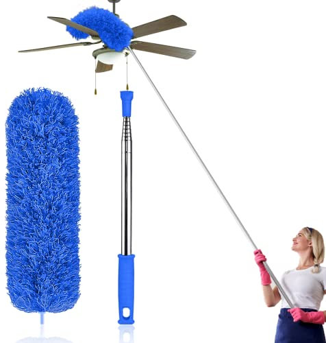 Feather Duster Extendable with Stainless Steel Extension Pole, 100 Inches Extra Long Telescopic Dusters, Cobweb Duster with Bendable Head for Cleaning Blinds, Interior Roof, Ceiling Fan, Cars