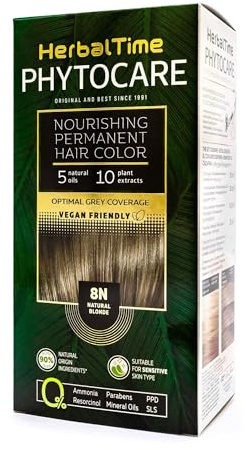 Herbal Time Phytocare Permanent Haarfärbung, Farbe Natürliches Blond 8N | Professionelles Naturhaarfarbe Kit | Pflegt und schützt dein Haar | Ohne Ammoniak, PPD und SLS | 124,5 ml