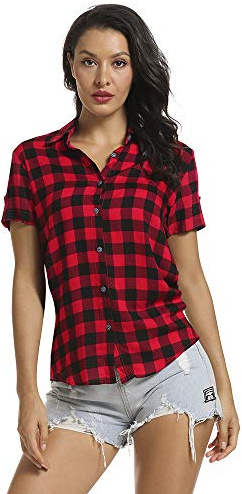 Aeslech Summer Tops for Women Short Sleeve Button Down Ladies Checked Shirt Plaid Blouse Red Black Tag L