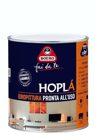 Boero Fai da Te, Hoplà Idropittura Lavabile per Interni, Pronta all’Uso, Antimuffa, Opaca, Alta Copertura, Per Ambienti Umidi, Camere e Soggiorni, Latta da 4L