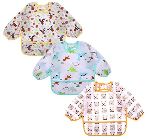 Accmor 3 Pack Long Sleeve Bibs, Baby Smock Waterproof Sleeved Bib Smock for Baby Toddler 6-24 Months