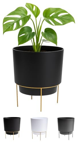 Bloem Hopson Decorative Resin Cachepot with Metal Stand, 10 Indoor and Outdoor Planter with Gold Metal Stand, Black