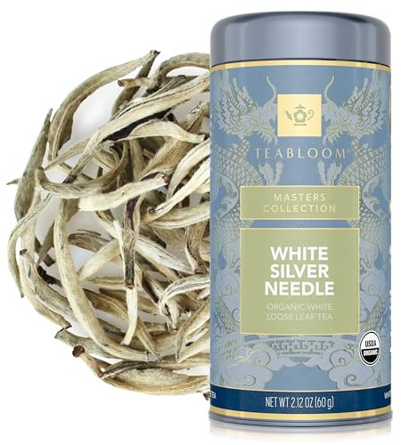 Teabloom Organic White Silver Needle Loose Leaf Tea, Rare USDA Certified Organic & Kosher White Tea With Delicate Honeysuckle Notes, 2.12 oz/60 g Canister Makes 35-50 Cups