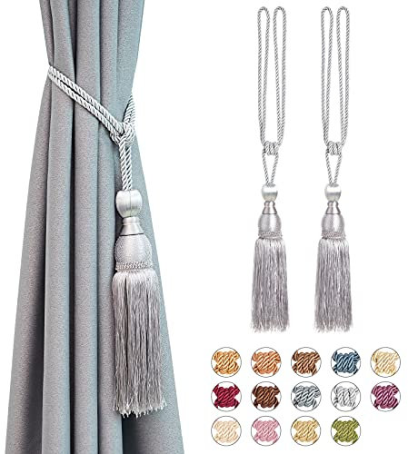 Pretty Jolly 2 Pack Mesh Ball Tassel Curtain Tiebacks European Vintage Style Curtain Holdbacks Handmade Braided Rope Decorative Drape Tie Backs for Home and Office Window Drapery (Sliver Grey)