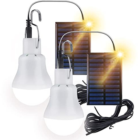 Solar Powered Shed LED Light Bulb, 2 Pack Portable USB Charge Lantern Lamp with Solar Panel, 110 Lumens Camping Light for Indoor Outdoor Kitchen Garden Patio Hiking Camping Fishing Lighting
