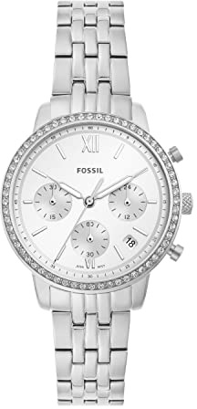 Fossil Orologio Neutra da donna, Movimento cronografico al quarzo con cinturino in acciaio inossidabile o in pelle, Tono argento e bianco