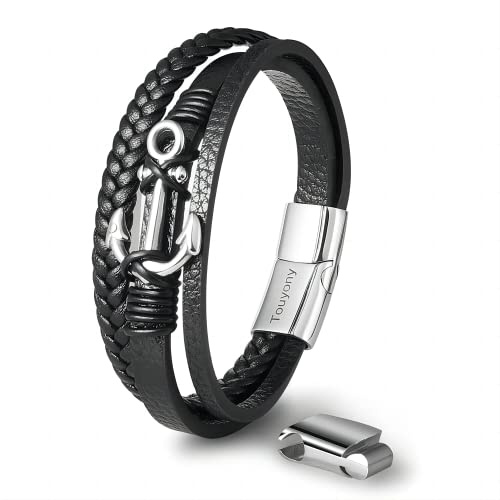 Touyony Men's Anchor Leather Bracelet Stainless Steel Anchor Design with Braided Leather Wristband Stylish Gift for Son Boyfriends Husband - Unique Braided Leather Bracelet gift for Men