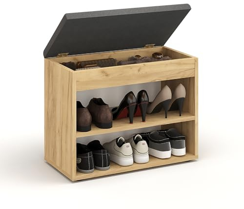 Komto Banc à Chaussures avec Assise Rembourrée – Meuble de Rangement Chêne Miel 60 x 48 x 32 cm pour Entrée, Couloir ou Chambre, Rangement Compact avec Coffre