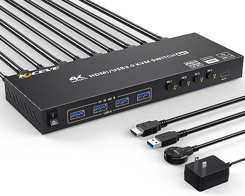 USB 3.0 KVM Switch HDMI 4 Port Support 4K@60Hz 2K@120Hz Simulation EDID, HDMI Switch for 4 Computers Share 1 Monitor and 4 USB 3.0 Port,with Desktop Controller and KVM Cables
