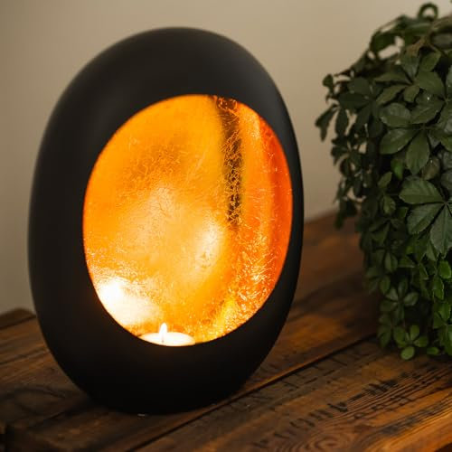 ZEYA Teelichthalter schwarz Gold Metall, H 22 cm, Windlicht Kerzenhalter Skulptur oval, Vintage Tischdeko Wohnzimmer für Herbst, Advent & Deko Weihnachten, Präsent zu Weihnachten