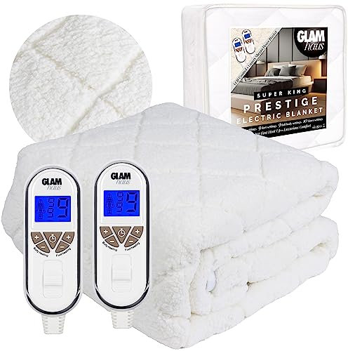 GlamHaus Electric Blanket - Luxurious Diamond-Quilted Sherpa Fleece - 9 Heat & 10 Timer Settings - Individual Body & Feet Settings - Deep Elasticated Skirt - Machine Washable (Superking)
