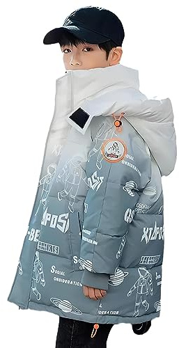 linboo Doudoune Enfant Garçon Manteau Rembourré d'Hiver Blouson Matelassé Chaud Veste à Capuche Mode Parka Imprimé de Lettre, Blanc Dégradé, 11-12 ans