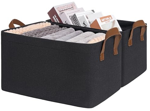 CHICVITA Black Storage Bins Shoe Basket for Entryway, Closet Toy Storage Bins with Handles for Kids, Small Laundry Basket, 14 ¾ L x 10 ¼ W x 8 ¼ H, 2-Pack