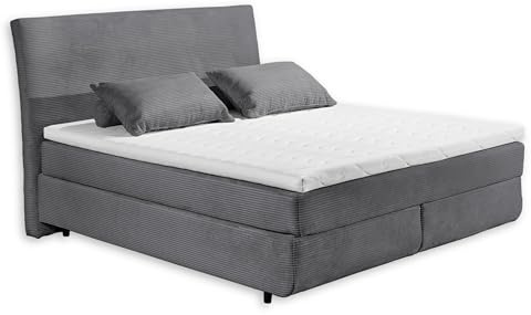 Stella Trading Marbella 6 Boxspringbett 180x200 in Cord-Optik, Ash - Bequemes Doppelbett mit 7-Zonen Federkern Wendematratze & Kaltschaum Topper - 185 x 126 x 216 cm (B/H/T)