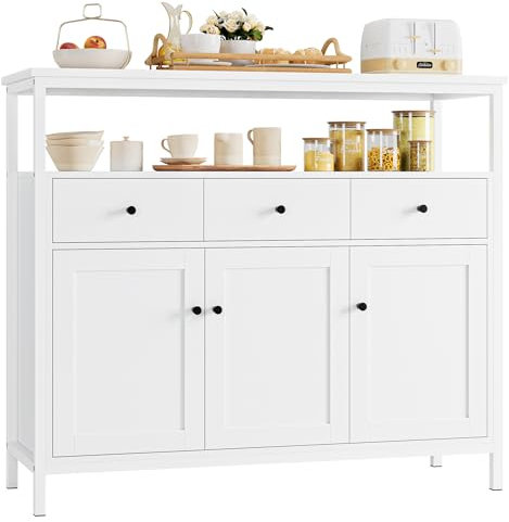 FirFurd Mueble Aparador, Aparador Cocina, Aparador Comedor, Mueble Almacenaje Auxiliar, para Salón, Baño, con 3 cajones y 3 Puertas, Estante Ajustable, 108x38x98,5cm (Blanco)