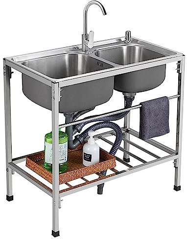 Diskbänk med 2 fack dubbel diskbänk för camping dubbla handfat med kran handfat för utomhusbruk handfat för garage trädgård kök handfat vattentank rostfritt stål