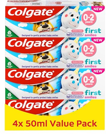 Colgate Kids Toothpaste 0-2 Years, 4x50ml / Gentle Milk Teeth Toothpaste with Strawberry Flavour, Dentist-Recommended Fluoride & 0% Artificial Additives
