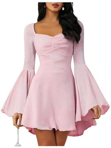 WDIRARA Women's Floral Jacquard Mesh Gothic Dress Bell Long Sleeve A Line Vintage Dresses Pink Flower Small