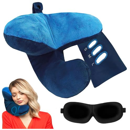 J-Pillow Travel Pillow with Scarf and Sleep Mask for Airplane – Ultimate Luxury and Complete Support – British Invention of the Year – Blue