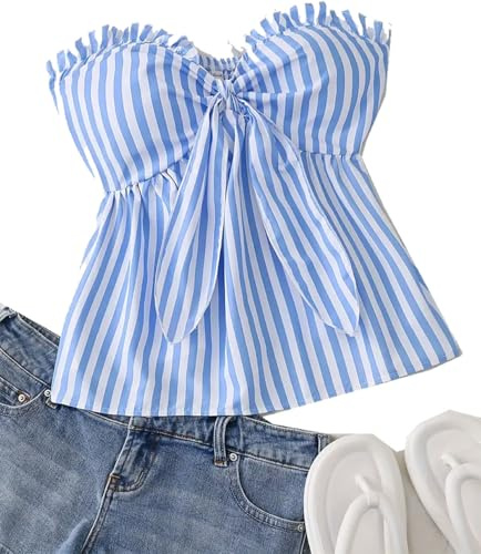 Top de Verano Mujer sin Tirantes con Volantes – Blusa Casual a Rayas Blanco y Celeste – Tallas S a L – Moda Juvenil 2025 (FR/ES, Letras, M, Regular, Regular, White and Blue)