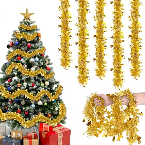 Joxessaien Lametta per Albero di Natale 8 Pezzi × 2M – Ghirlanda Natalizia 16M Decorazione Natalizia Ghirlanda di Lametta con Campanelle – Decorazione per Albero di Natale per Interni ed Esterni (Oro)