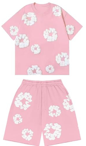 MEIbax Ensemble 2 Pièces T-Shirt et Short d'Été pour Homme Enfant Imprimé Fleuri Y2K Hip Hop Streetwear Ensemble Jogging Décontracté avec Poches (1-Ensemble Pink, 13-14 Years)