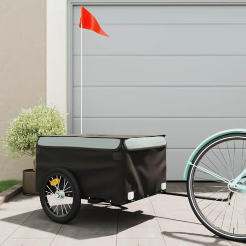 Nqyjm Rimorchio per bicicletta nero e grigio, 45 kg, in ferro, per shopping, escursioni, 124 x 62,5 x 52 cm