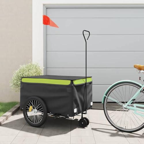 Mangloder Remorque de vélo noire et verte 45 kg en fer pour enfants et charges avec timon, drapeau de sécurité, pliable pour camping, transport, famille et animaux domestiques