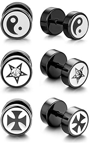 Aroncent 3 coppie di orecchini finti plug strass stella Yin Yang Thor's martello piercing tunnel Fakeplugs 8 mm