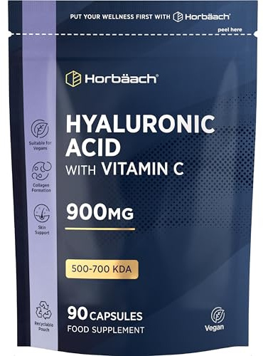 Hyaluronic Acid Supplement 900mg (500-700 KDA) | High Strength Vegan Bioavailable Formula with Vitamin C | 90 Capsules | by Horbaach