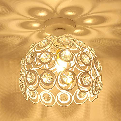 iDEGU Plafonnier Moderne Lustre Abat-jour en Cristal et Métal LED Suspension Luminaire Vintage Industrielle E27 Lampe de Plafond Intérieure Décoration pour Chambre Couloir - Blanc, 26 CM