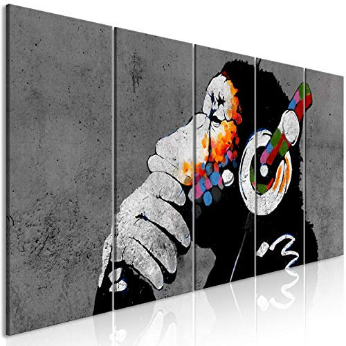 decomonkey Bilder Banksy 200x80 cm 5 Teilig Leinwandbilder Bild auf Leinwand Vlies Wandbild Kunstdruck Wanddeko Wand Wohnzimmer Wanddekoration Deko Tiere AFFE Street Art Grau Musik Graffiti