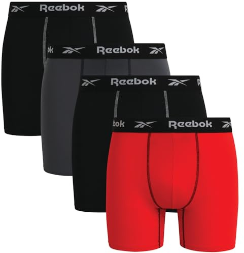 Reebok Mens Boxer Briefs - 4 Pack 6'' Inseam Tag Free Stretch Moisture Wicking Underwear Boxers with Contour Pouch, Size X-Large, Black/Red/Grey