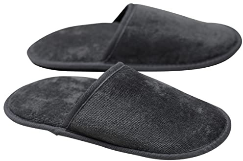 Sowel® Pantoufles en velours éponge sans picots en silicone, 100 % coton bio, pantoufles d'hôtel, pantoufles pour homme et femme, taille unique, fermées, anthracite, Taille unique