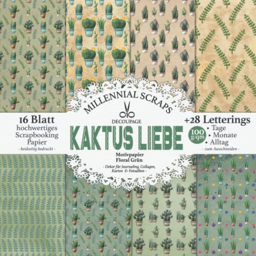DECOUPAGE Kaktus Liebe: Motivpapier Floral Grün I Dekor für Journaling, Collagen, Scrapbooking, Fotoalben I DIY Papier & Zubehör I Washi Tape zum Ausschneiden I Mit Letterings I Junk Journal Dekor