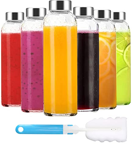 Luxfuel Clear Glass Bottles with Lids 18 oz, Reusable Glass Water Bottles with Stainless Steel Cap for Refrigerator, Juicing, 100% Leak Proof, BPA Free, Juice Bottle Drinking Jar Containers Set of 6
