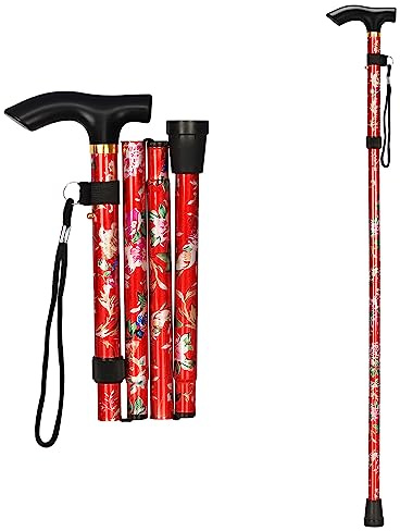 supregear Canne Pliante, Hauteur Réglable à 5 Niveaux Canne de Marche Légère Portable Bâtons de Voyage avec Dragonne et Poignée en T pour Personnes Âgées Handicapées Hommes Femmes, Floral Rouge