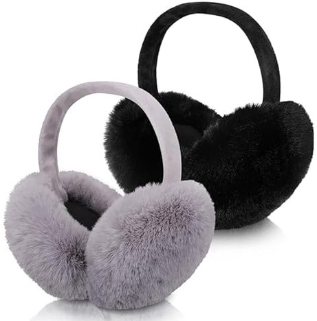 CHENKEE 2 Stück Winter Ohrenwärmer - Faltbare Plüsch Ohrenwärmer mit Kunstpelz - Warm für Damen & Männer (Schwarz, Grau)
