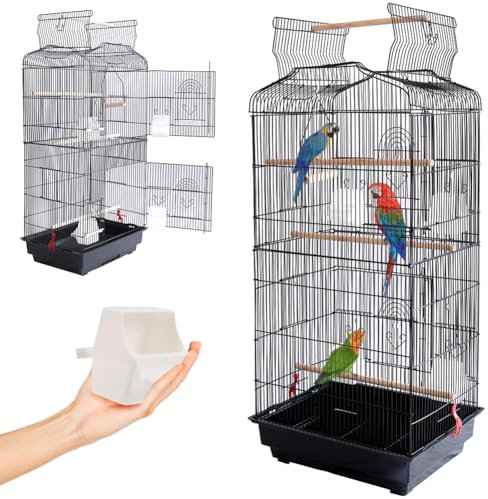 BAKAJI Vogelkäfig für Vögel, Papageien, Sittiche, Vögel, aus Metall mit aufklappbarem Dach und Futterstangen, Sitzstangen aus Holz, Käfig mit Abnehmbarer Schale für einfache Reinigung
