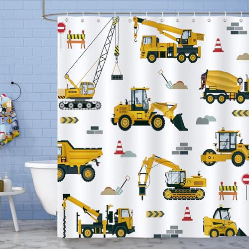 Bonhause Construction Truck Kids Shower Curtain Yellow Cartoon Excavator Cars Bathroom Curtain 180 x 180 cm Waterproof Mildew & Mould Resistant Polyester Fabric Bath Curtain with 12 Hooks
