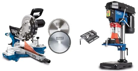 Scheppach Scie à onglets avec démarrage progressif & laser HM254 | 2000W | Lame Ø255mm & Perceuse d'établi à colonne DP16VLS | avec étau | 500W | 5 Vitesses pour le bois, le métal